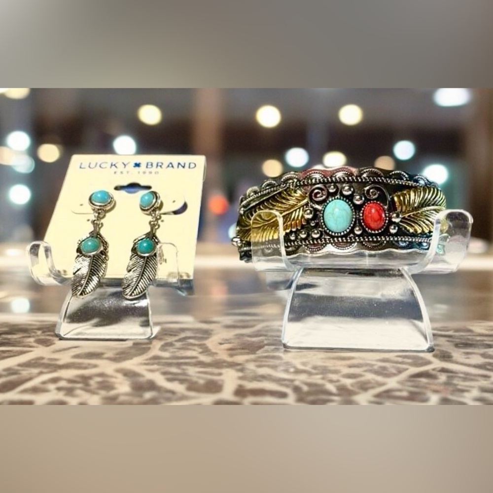 Navajo Inspired Silver Tone And Faux Turquoise Bracelet And Earrings Brand New!